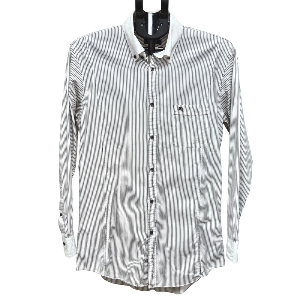 Burberry Black Label Striped Button Down Shirt Men's Gray White Logo Dress Shirt